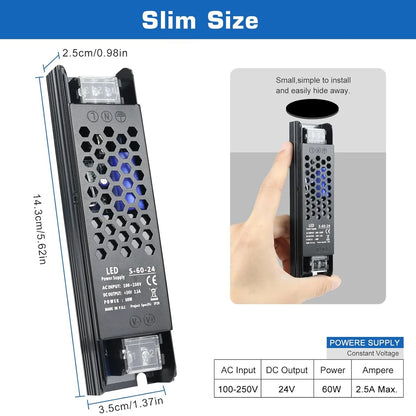 DC 12V/24V 36W–200W Slim Black Industrial Switching Power Supplies, AC 110–250V Input, Narrow Type LED Driver Transformer, Compact Metal Housing, CE/FCC/RoHS Certified