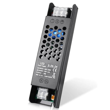DC 12V/24V 36W–200W Slim Black Industrial Switching Power Supplies, AC 110–250V Input, Narrow Type LED Driver Transformer, Compact Metal Housing, CE/FCC/RoHS Certified