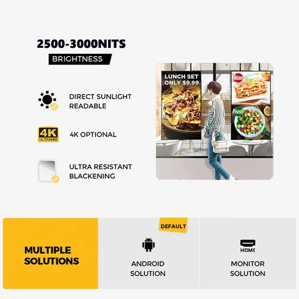 55" Single-Sided 2500nits High Bright Window LCD Poster Display, Android RK3568 2G+32G, Non-Touch, Cloud/APP/USB, Wall-Mount/Floor Stand/Suspended Installation