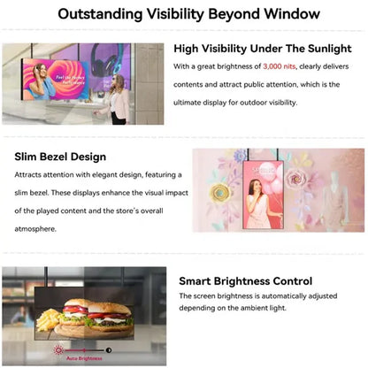 55" Single-Sided 2500nits High Bright Window LCD Poster Display, Android RK3568 2G+32G, Non-Touch, Cloud/APP/USB, Wall-Mount/Floor Stand/Suspended Installation