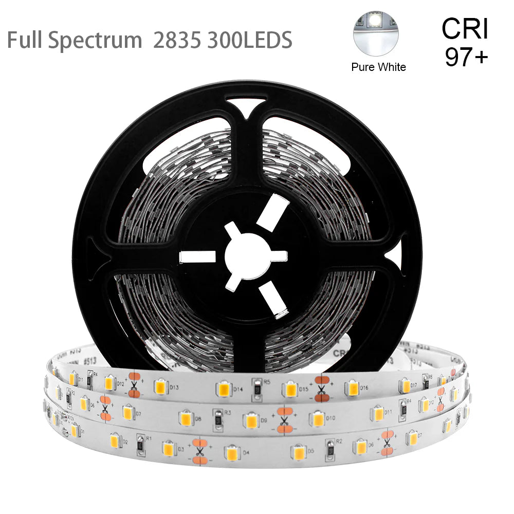 DC24V SMD2835 Full Spectrum LED Strip Light – CRI 97+ | 300 LEDs (60 LEDs/M) | 2700K / 3000K / 4000K / 5500K / 6500K | 10W/M | 8mm PCB | CRI 97+ | IP00 / IP67 | Under Cabinet, Mirror & Bedroom Accent Lighting | 50/500M