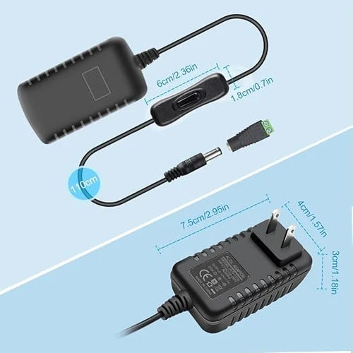 DC 12V Wall Plug LED Adapter with On/Off Switch, 12W/24W/36W Options, US Plug, Black/White Housing, 100–240V AC Input Wall Plug LED Adapter - for LED Strip Lights, CCTV and Electronics