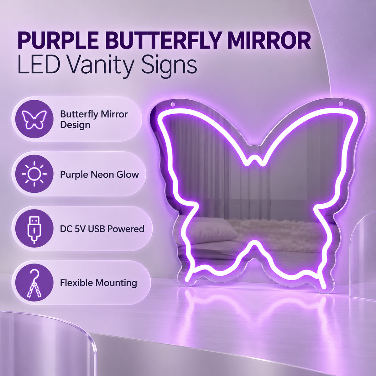 Purple Butterfly LED Vanity Signs – 15.7×12 inch  Neon Outline | USB Powered | Perfect for Vanity Decor