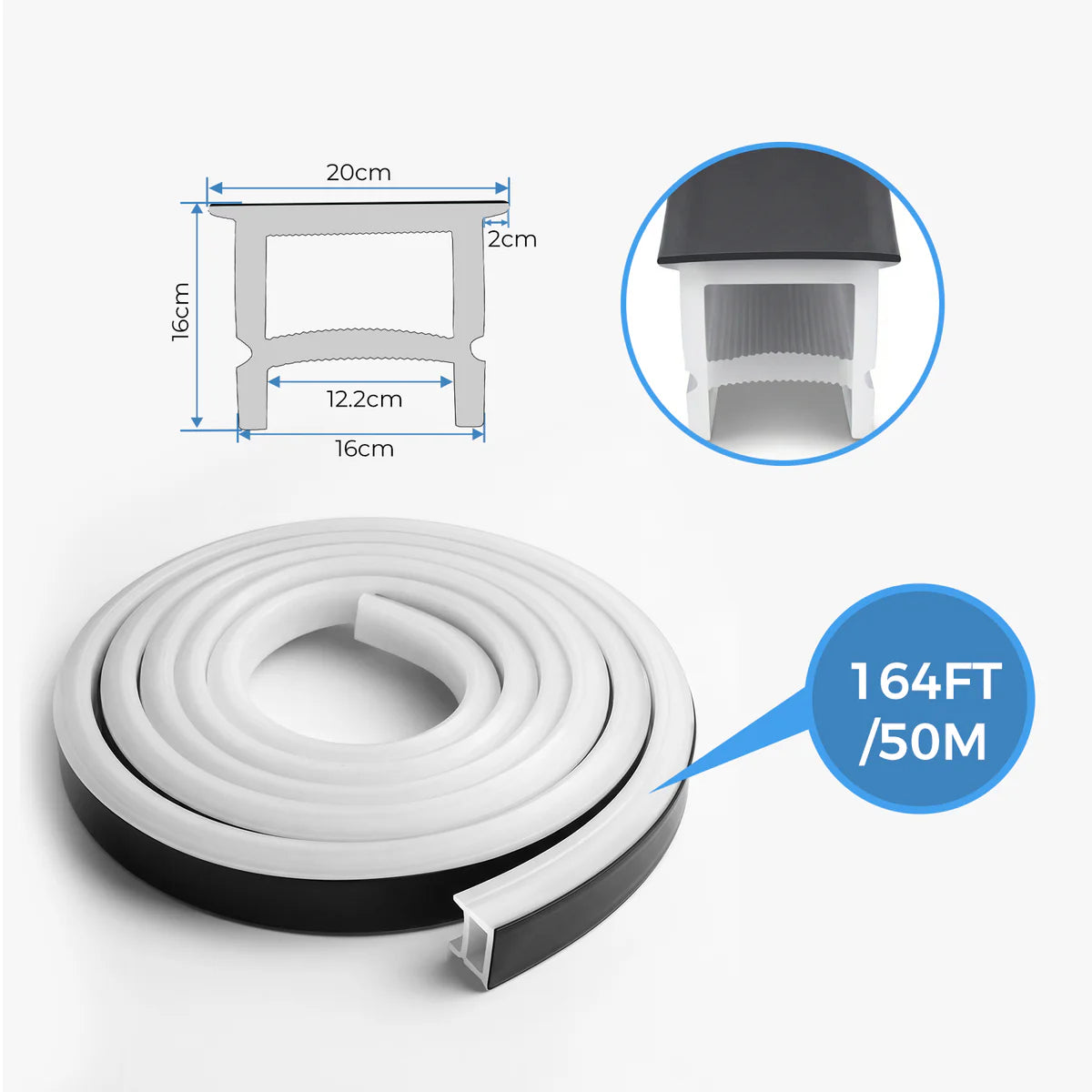 LQ Series S1616-T Black Quick Install LED Neon Profile | Top-Emitting Cover | 16×16mm Top Emitting led neon extrusion profile | Max Strip Width ≤12mm | LED Signage Cove Lighting | 5M/500M