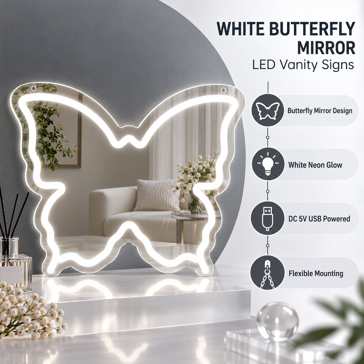 White Butterfly LED Vanity Signs – 15.7×12 inch  Neon Outline | USB Powered | Perfect for Vanity Decor