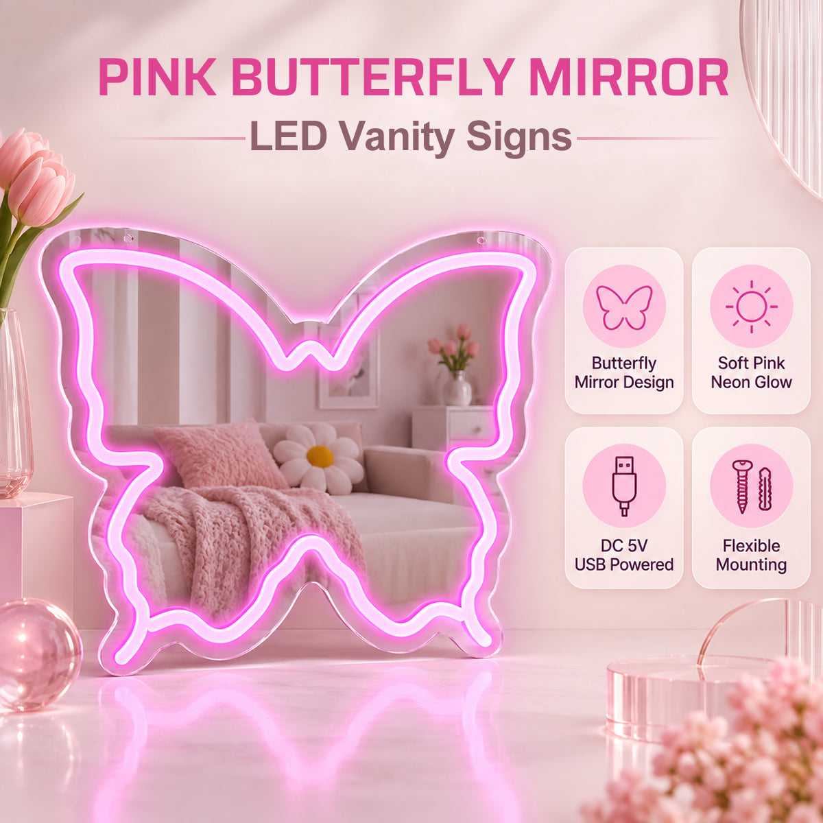 Pink Butterfly LED Vanity Signs – 15.7×12 inch  Neon Outline | USB Powered | Perfect for Vanity Decor