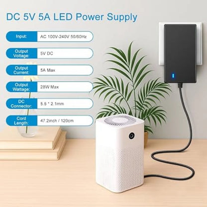 DC 5V Wall Plug LED Adapter 25W, AC 100–240V Input, Black Housing Wall Plug LED Adapter with US Plug - for LED Strip Lights, Routers, USB Devices and Electronics