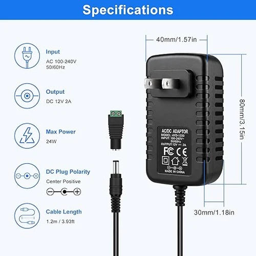 12V 24W Wall Plug LED Adapter, AC 100–240V Input Black Housing with US Plug Power Supply - for LED Strip Lights, Routers and Electronic Devices