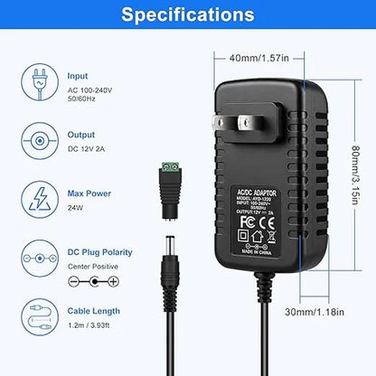 12V 24W Wall Plug LED Adapter, AC 100–240V Input Black Housing with US Plug Power Supply - for LED Strip Lights, Routers and Electronic Devices