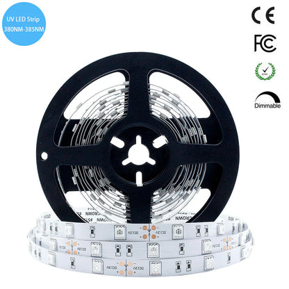 380-385nm SMD5050 UV LED Strip Light – 16.4FT / 5M / 10M | 30 / 60 120 LEDs/m | DC12V | Non-Waterproof / IP67 Waterproof | Power Adapter Required | UV Strip for Resin Curing, Fluorescent Response & Display Light