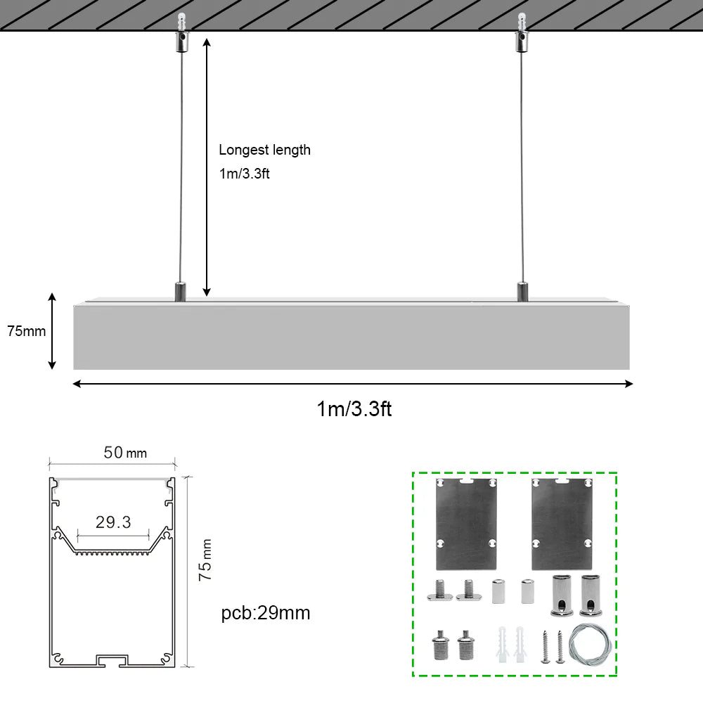 Wide Pendant LED Aluminum Profile Light H5075B – 29.3mm Inner Width | Silver Housing | Milky White Cover | With Installation Accessories | Suspension Mounting Linear Office Lighting | 1m / 2m Length | 10 / 20-Pack