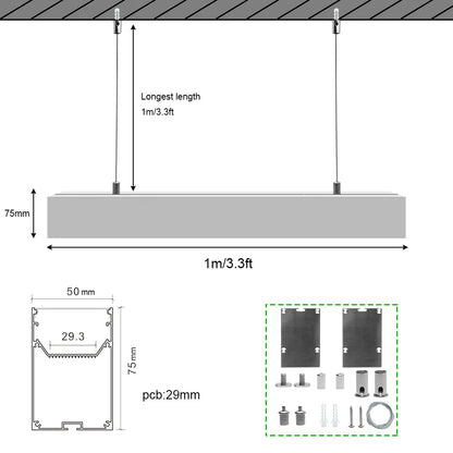 Wide Pendant LED Aluminum Profile Light H5075B – 29.3mm Inner Width | Silver Housing | Milky White Cover | With Installation Accessories | Suspension Mounting Linear Office Lighting | 1m / 2m Length | 10 / 20-Pack