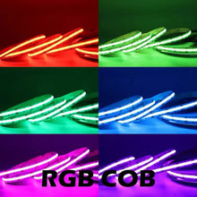 RGB Color Changing FCOB LED Strip Light | 5m (16.4ft) Roll | 576 / 840 LEDs per Meter | 12W / 18W | 12V / 24V | 10mm Wide | Dimmable Indoor IP20 | Flexible LED Ribbon (Strip or Complete Kit)