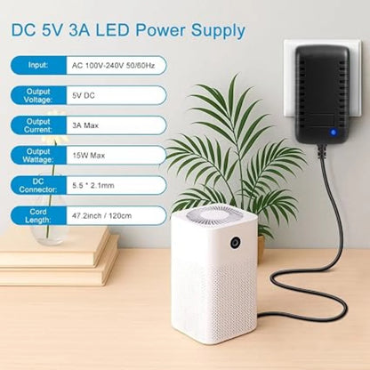 DC 5V Wall Plug LED Adapter 15W, AC 100–240V Input, Black Housing Wall Plug LED Adapter with US Plug - for LED Strip Lights, Routers, USB Devices and Electronics