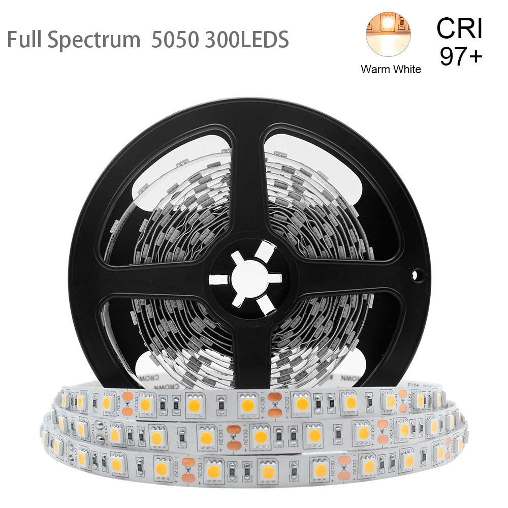 Full Spectrum LED Strip Light | CRI 97+ | SMD5050, 300 LEDs, 60 LEDs/M | 24V DC | 12W/M | 5M (16.4FT) Flexible Tape Light