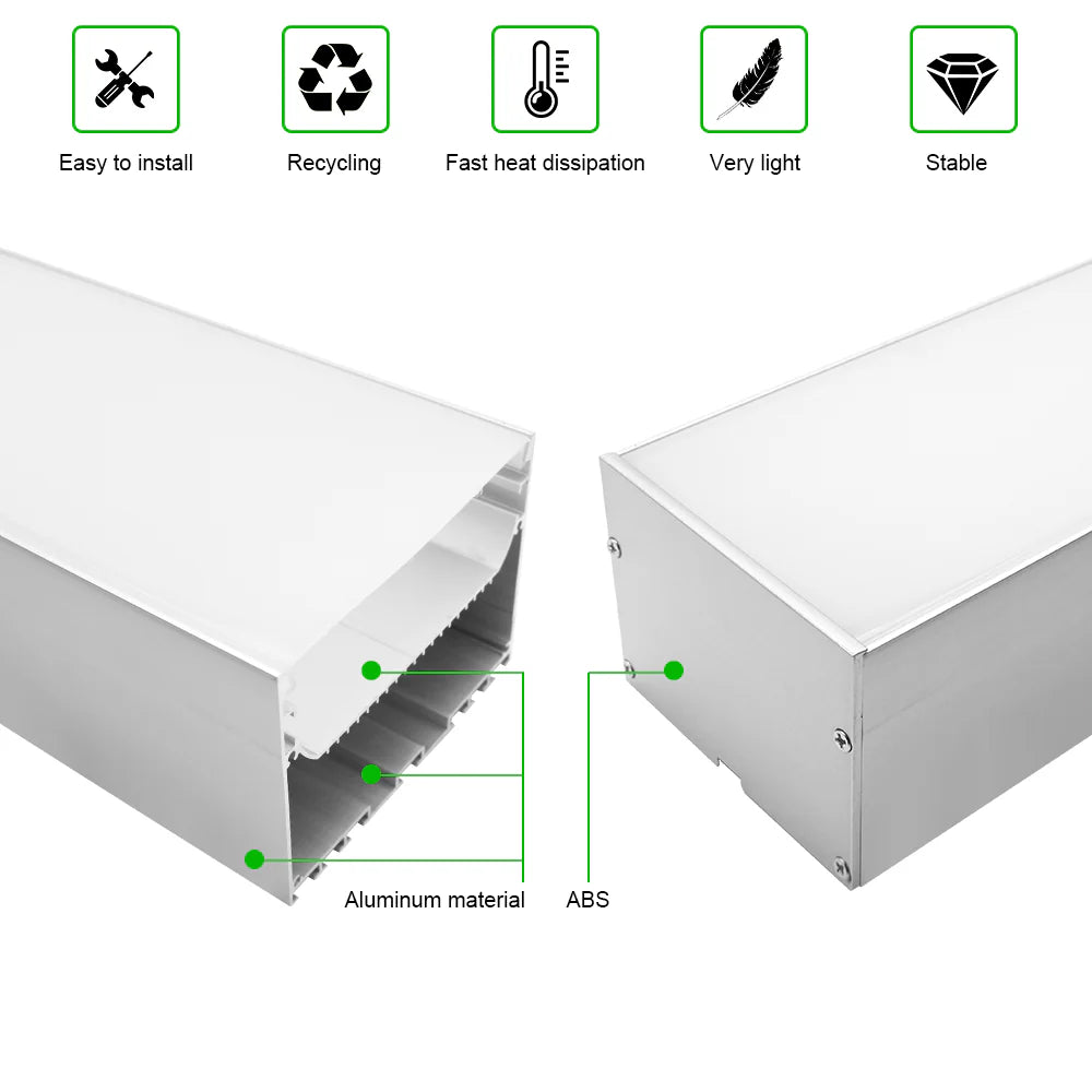 Wide Pendant LED Aluminum Profile Light H10075B – 75mm Inner Width | Silver Housing | Milky White Cover | With Installation Accessories | Suspension Mounting Linear Office Lighting | 1m / 2m Length | 10 / 20-Pack