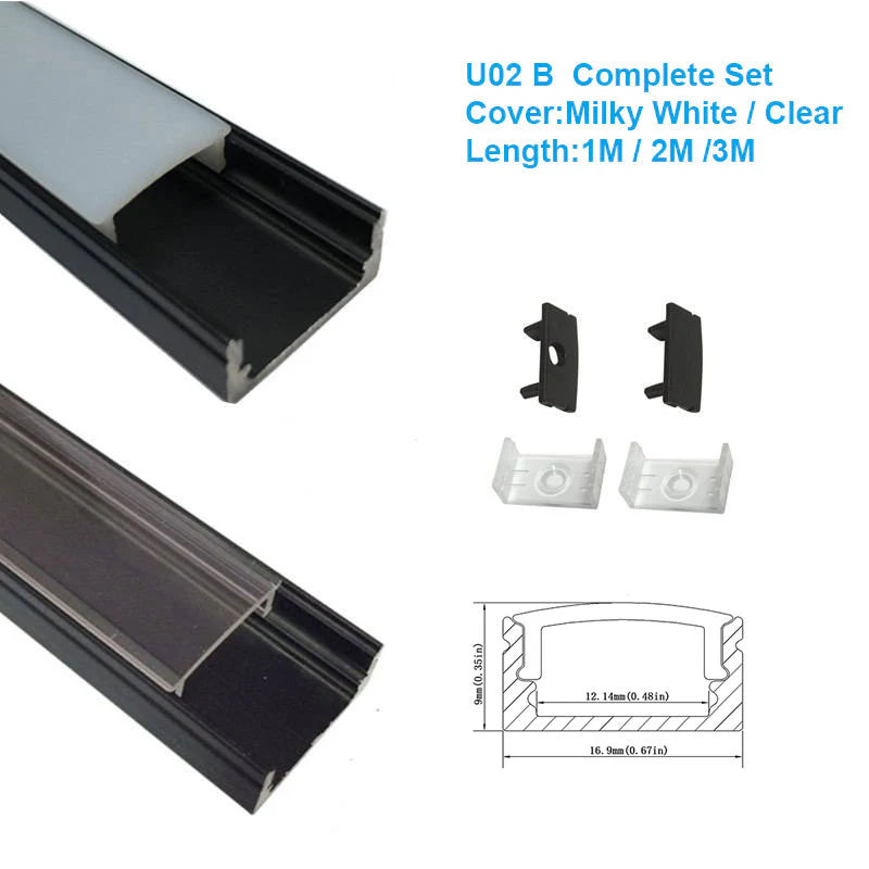 U Shape LED Channel - U02-B 12mm Silver / Black Aluminum Profile | Milky White Cover | Standard LED Mounting Channel – 1m / 2m / 3m | 50 / 100-Pack