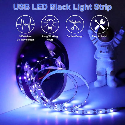 8.2FT UV Black Light LED Strip – SMD3528 | 380–400nm | USB Powered UV Light Strip with Battery Box | Non-Waterproof | For UV Glow Events, Neon Art and Decorative Lighting (2 Pack)