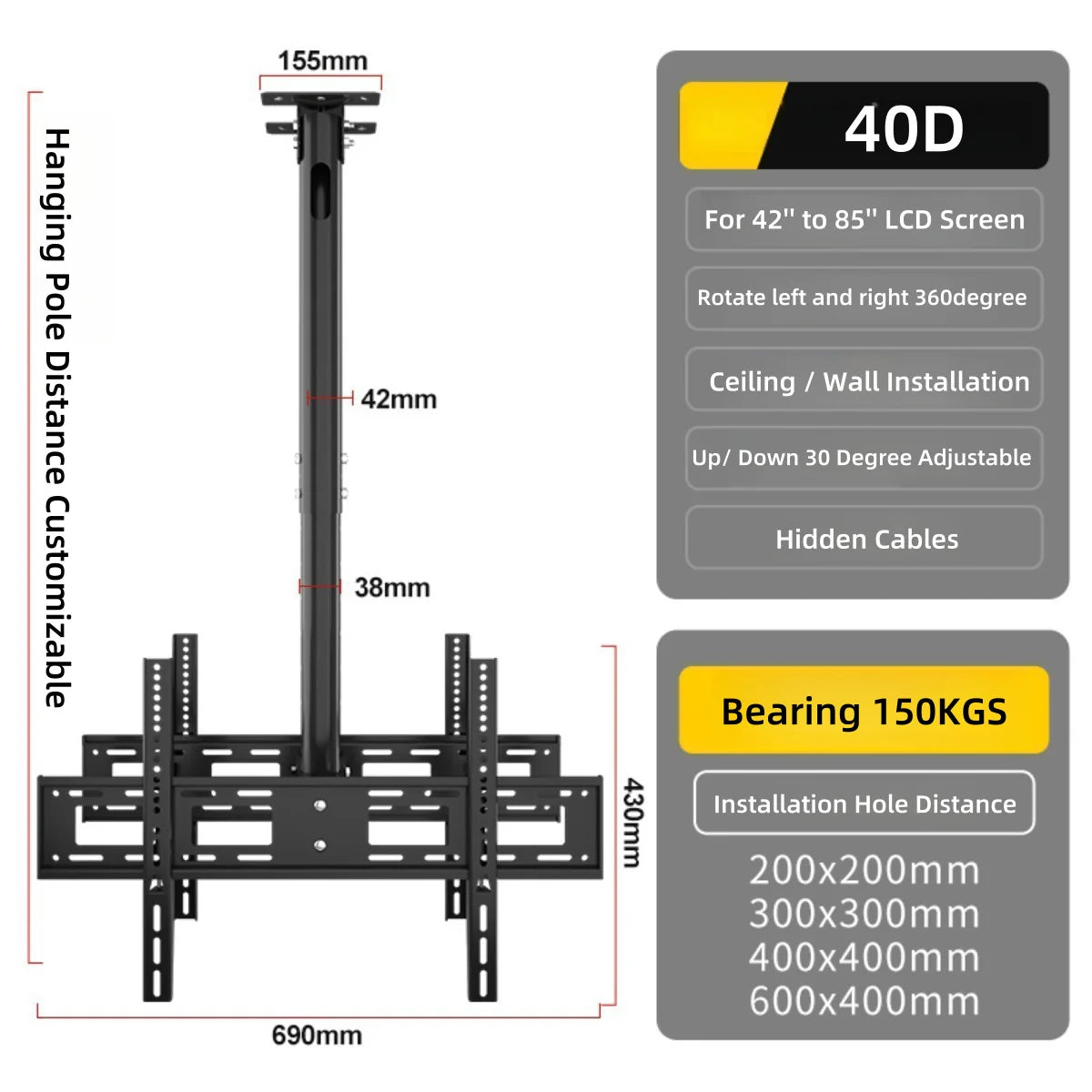 42-85 inch Dual Back to Back LCD Screen Hanger LCD TV Ceiling Hanger 360 Degree Rotation Wall-mounted LCD Monitor Stand