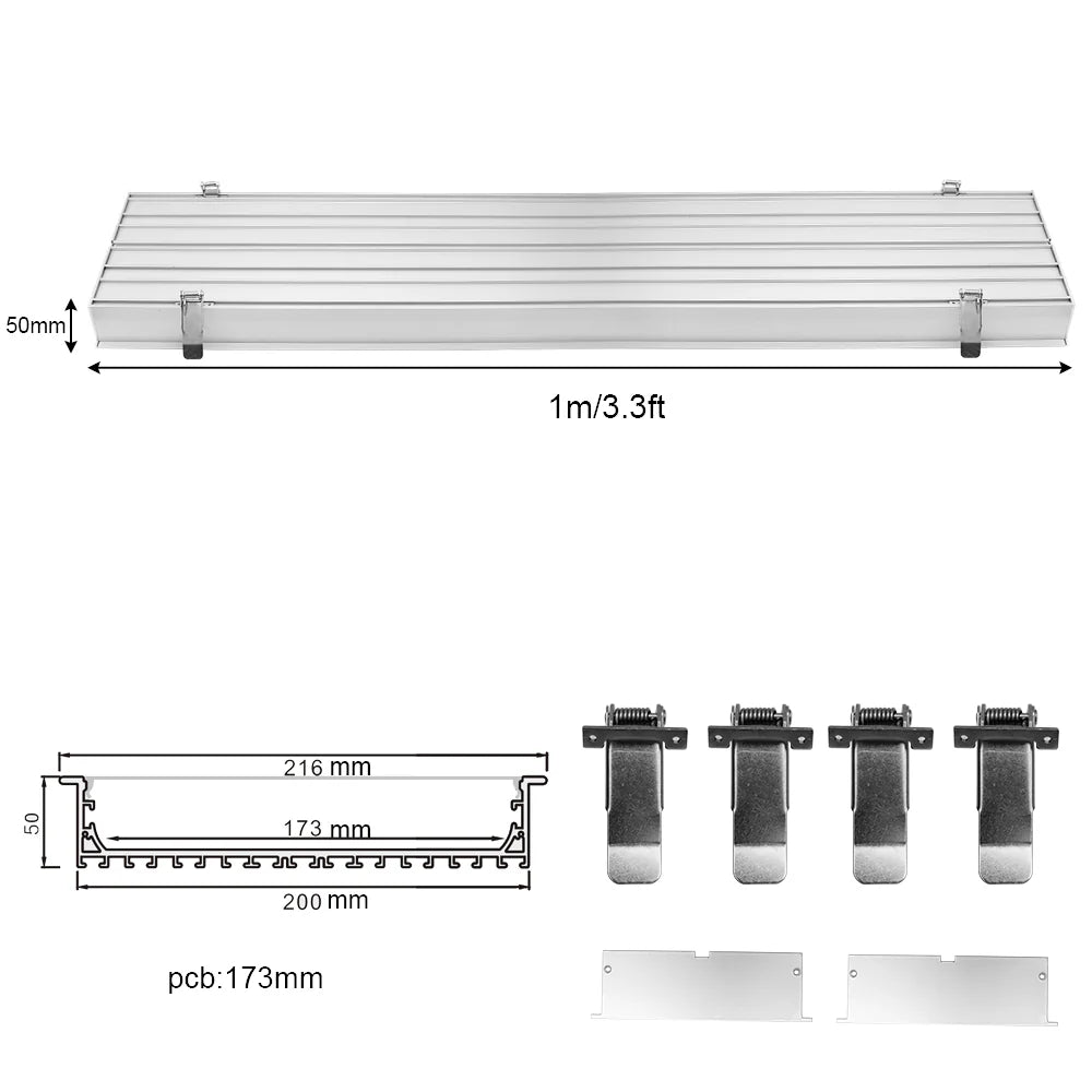 Wide Recessed LED Aluminum Profile Light H20050B – 173mm Inner Width | Silver Housing | Milky White Cover | With Installation Accessories | Flush Mounting Linear Office Lighting | 1m / 2m Length | 10 / 20-Pack