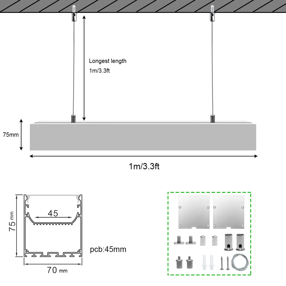 Wide Pendant LED Aluminum Profile Light H7075B – 45mm Inner Width | Silver Housing | Milky White Cover | With Installation Accessories | Suspension Mounting Linear Office Lighting | 1m / 2m Length | 10 / 20-Pack