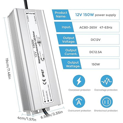 150W Outdoor Waterproof Power Supplies, 12V/24V/36V/48V Output, 90-265V / 90-140V / 175-265V Input, Single Output, Aluminum Housing, Outdoor Lighting Projects, CE/RoHS/FCC Certified, US/UK/EU Plug, 1-Pack / 10-Pack
