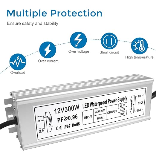 300W Outdoor Waterproof Power Supplies, 12V/24V/36V/48V Output, 90-265V / 90-140V / 175-265V Input, Single Output, Aluminum Housing, Outdoor Lighting Projects, CE/RoHS/FCC Certified, US/UK/EU Plug, 1-Pack / 10-Pack