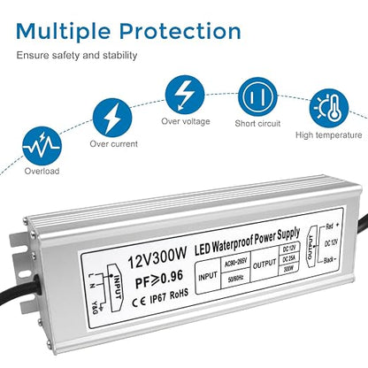 300W Outdoor Waterproof Power Supplies, 12V/24V/36V/48V Output, 90-265V / 90-140V / 175-265V Input, Single Output, Aluminum Housing, Outdoor Lighting Projects, CE/RoHS/FCC Certified, US/UK/EU Plug, 1-Pack / 10-Pack