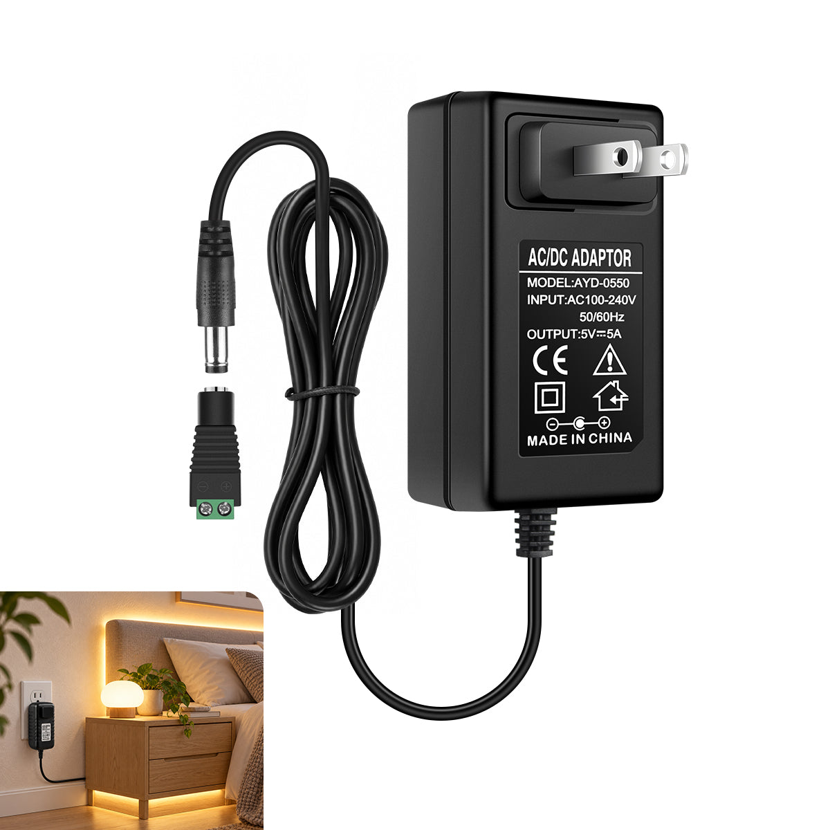 DC 5V Wall Plug LED Adapter 25W, AC 100–240V Input, Black Housing Wall Plug LED Adapter with US Plug - for LED Strip Lights, Routers, USB Devices and Electronics