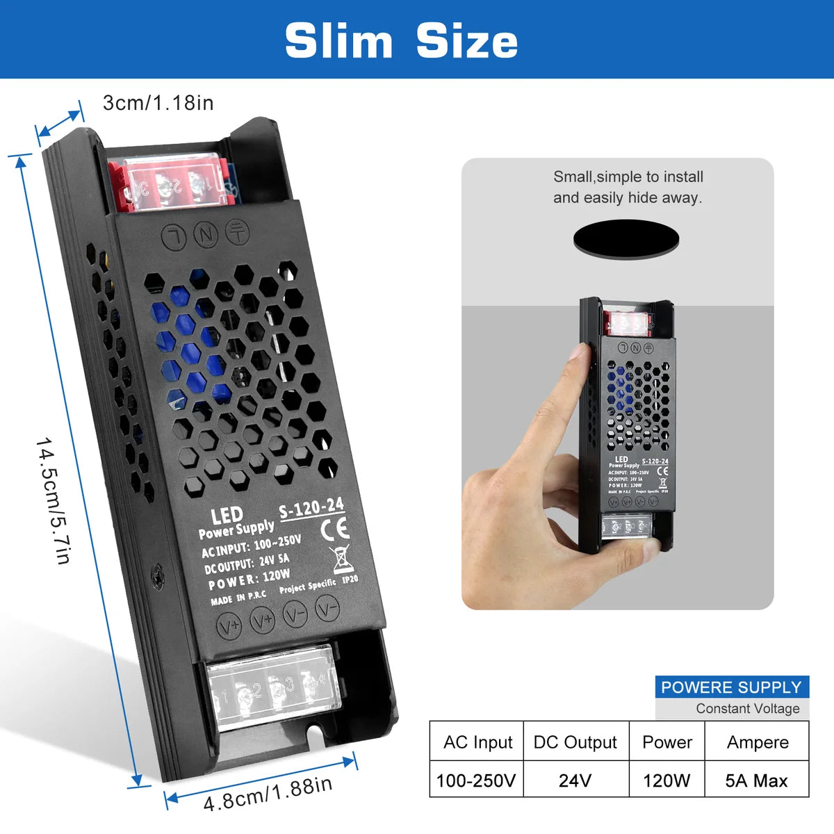 DC 12V/24V 36W–200W Slim Black Industrial Switching Power Supplies, AC 110–250V Input, Narrow Type LED Driver Transformer, Compact Metal Housing, CE/FCC/RoHS Certified