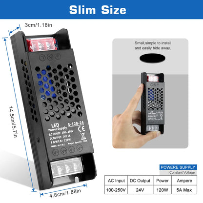 DC 12V/24V 36W–200W Slim Black Industrial Switching Power Supplies, AC 110–250V Input, Narrow Type LED Driver Transformer, Compact Metal Housing, CE/FCC/RoHS Certified