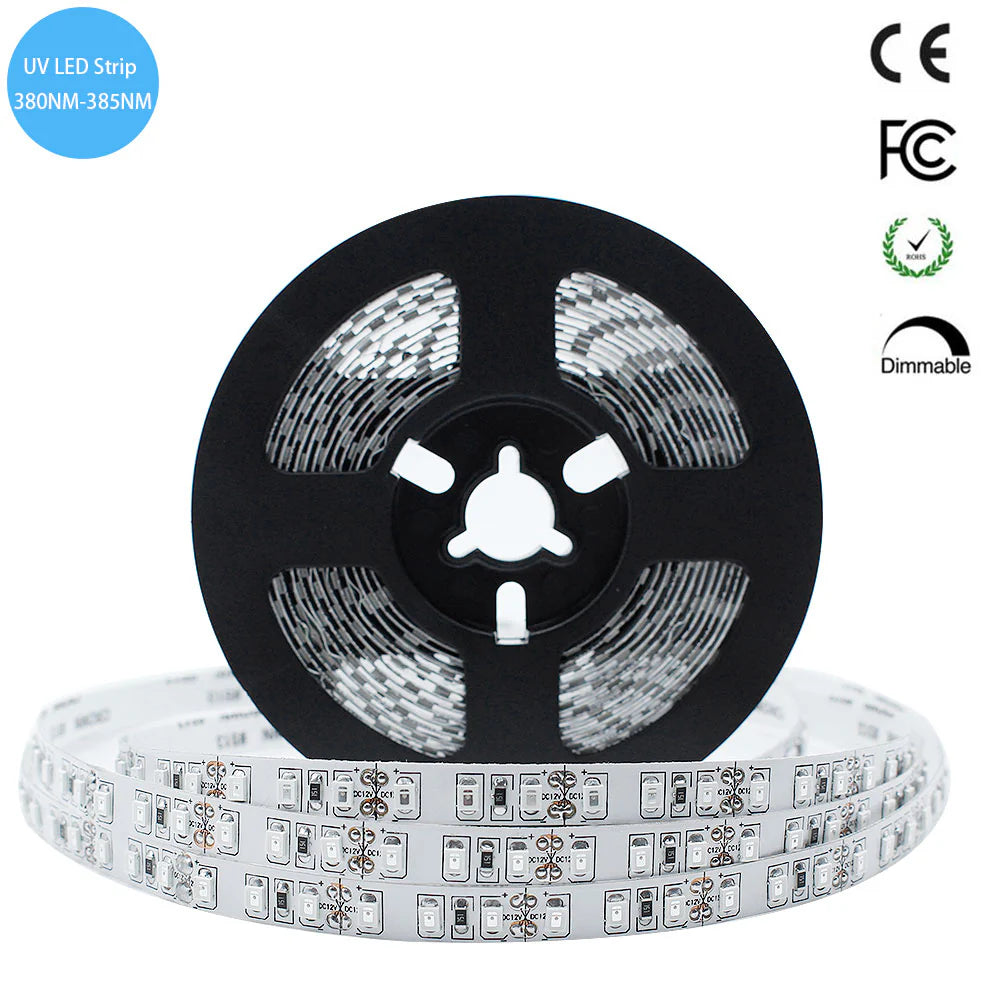 395–405nm SMD2835 UV LED Strip Light – 16.4FT / 5M / 10M | 60 / 120 / 240 LEDs/m | Non-Waterproof / IP67 Waterproof | Power Supply Not Included | UV LED for Curing, Fluorescent Effects & Glow Lighting