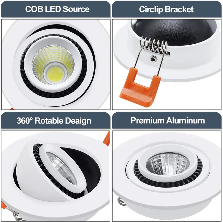 Core-3 Series Eyeball Gimbal COB LED Downlight – White Housing – TRIAC Dimmable – 3W/5W/7W – 50-Pack/100-Pack – 3000K–6000K – 100–130V / 200–240V