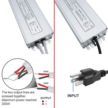 200W Outdoor Waterproof Power Supplies, 12V/24V Output, 90-140V / 175-265V Input, Dual Output, Aluminum Housing, Outdoor Lighting Projects, CE/RoHS/FCC Certified, US/UK/EU Plug, 1-Pack / 10-Pack