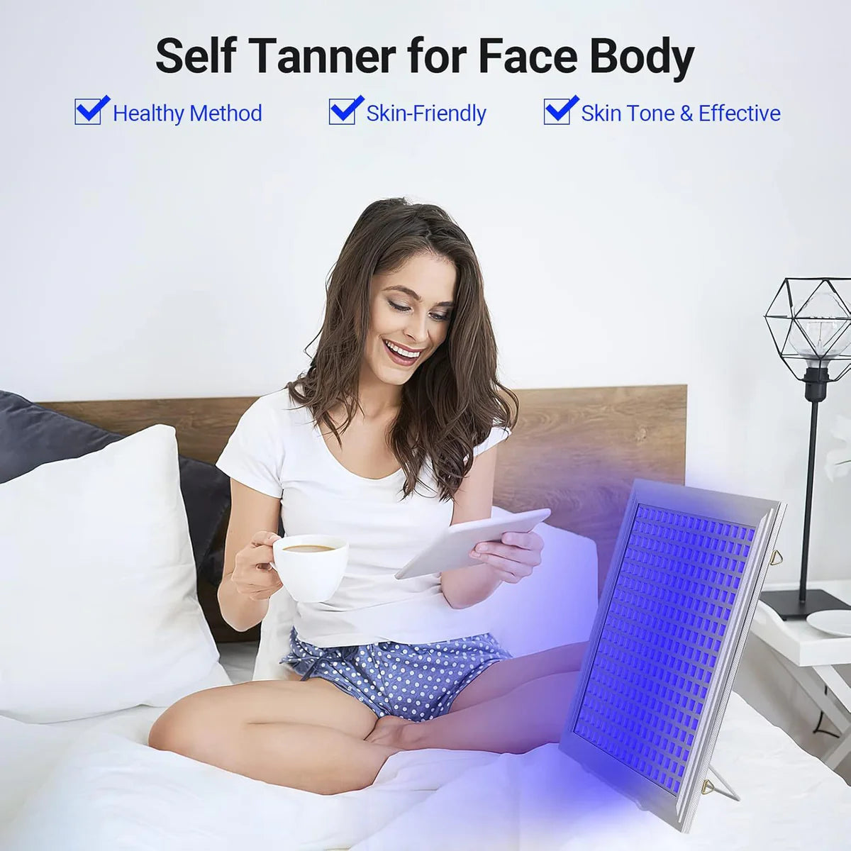 50W Infrared Blue Light Tanning Lamp – Blue Light 460–465nm | Dimmable & Timer | AC100–240V | Aluminum Alloy + PC Cover | for Skin Tanning | Blue Stand / Desktop Stand | Included Controller, Hook, Protective Goggles | US / EU / UK / AU Plug