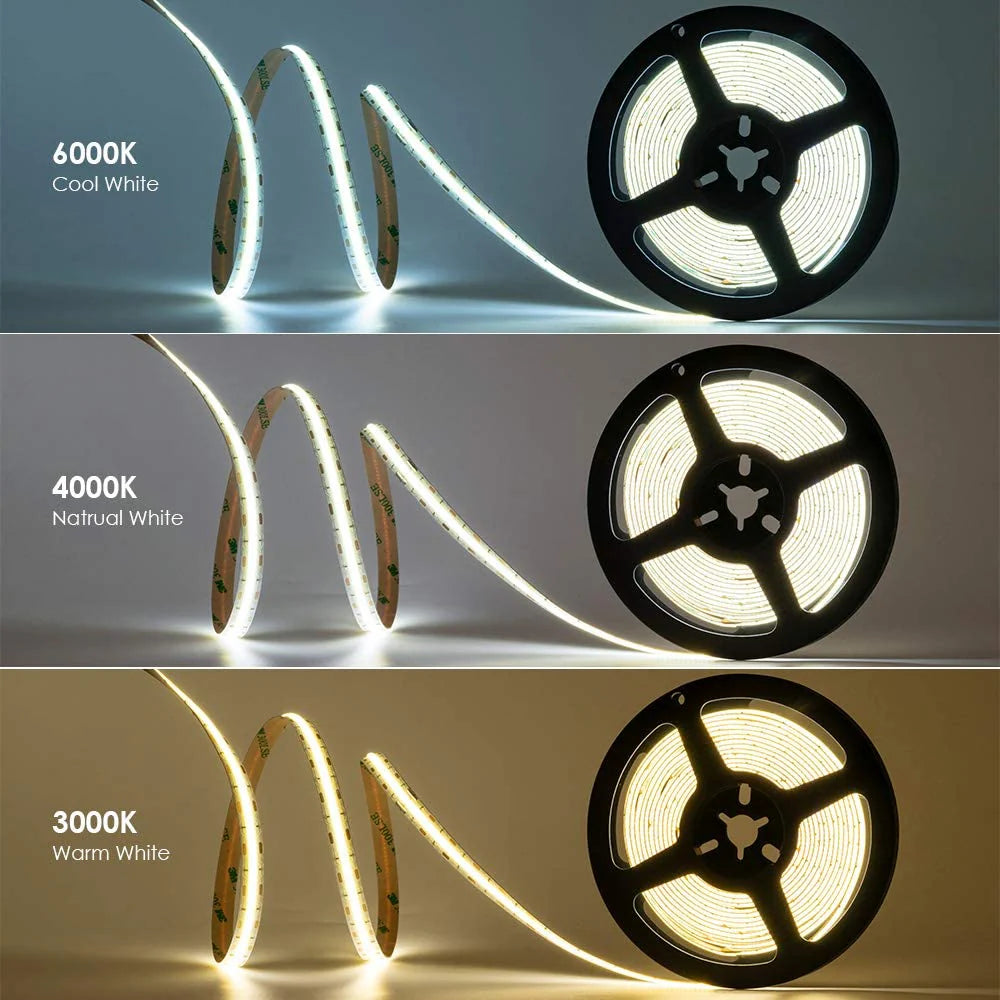 FCOB Flexible LED Strip Light | 5m (16.4ft) Roll | CRI90 | 3000K / 4000K / 6000K | 320 / 480 LEDs per Meter | 8W / 10W | 12V / 24V | 8mm Wide | Dimmable Indoor IP00 LED Ribbon