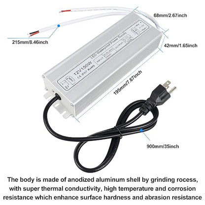 150W Outdoor Waterproof Power Supplies, 12V/24V Output, 90-265V Input, Dual Output, Aluminum Housing, Outdoor Lighting Projects, CE/RoHS/FCC Certified, US/UK/EU Plug, 1-Pack / 10-Pack
