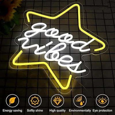 Star Good Vibes Neon Sign for Game Room Decor, 15.7*15.7'' Light Up Neon Lights Powered by USB with ON/OFF Switch, Man Cave, Kids Room,Super Star Gaming Wall Decor Gamer Gifts for Boys, Kid, Monther's Day(White)