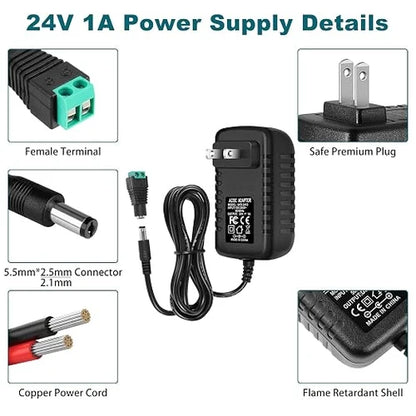 DC 24V Wall Plug LED Adapter 24W, AC 100–240V Input 24V Wall Plug LED Adapter with UK Plug, Black Housing - for LED Strip Lights and Electronic Devices
