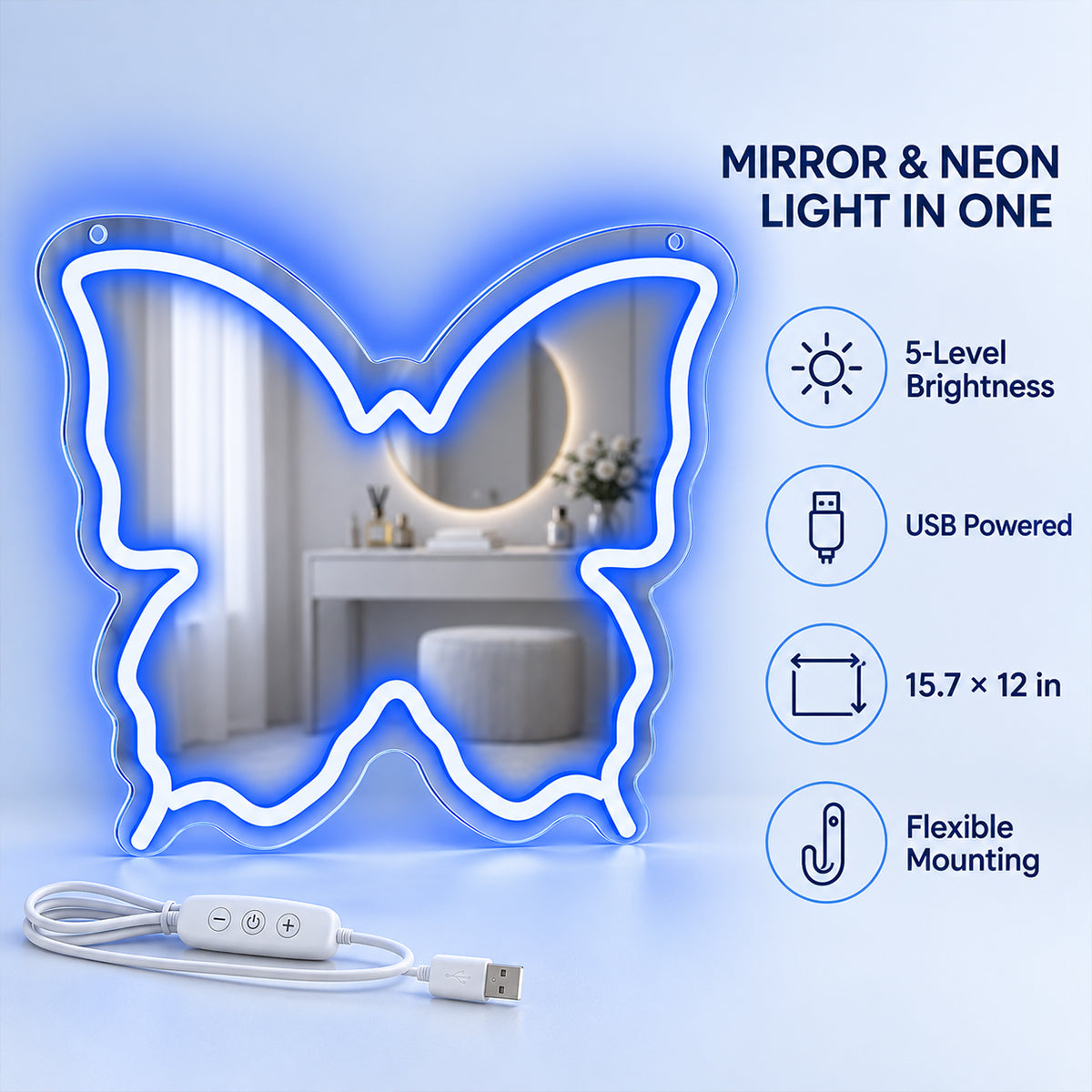 Blue Butterfly LED Vanity Signs – 15.7×12 inch  Neon Outline | USB Powered | Perfect for Vanity Decor