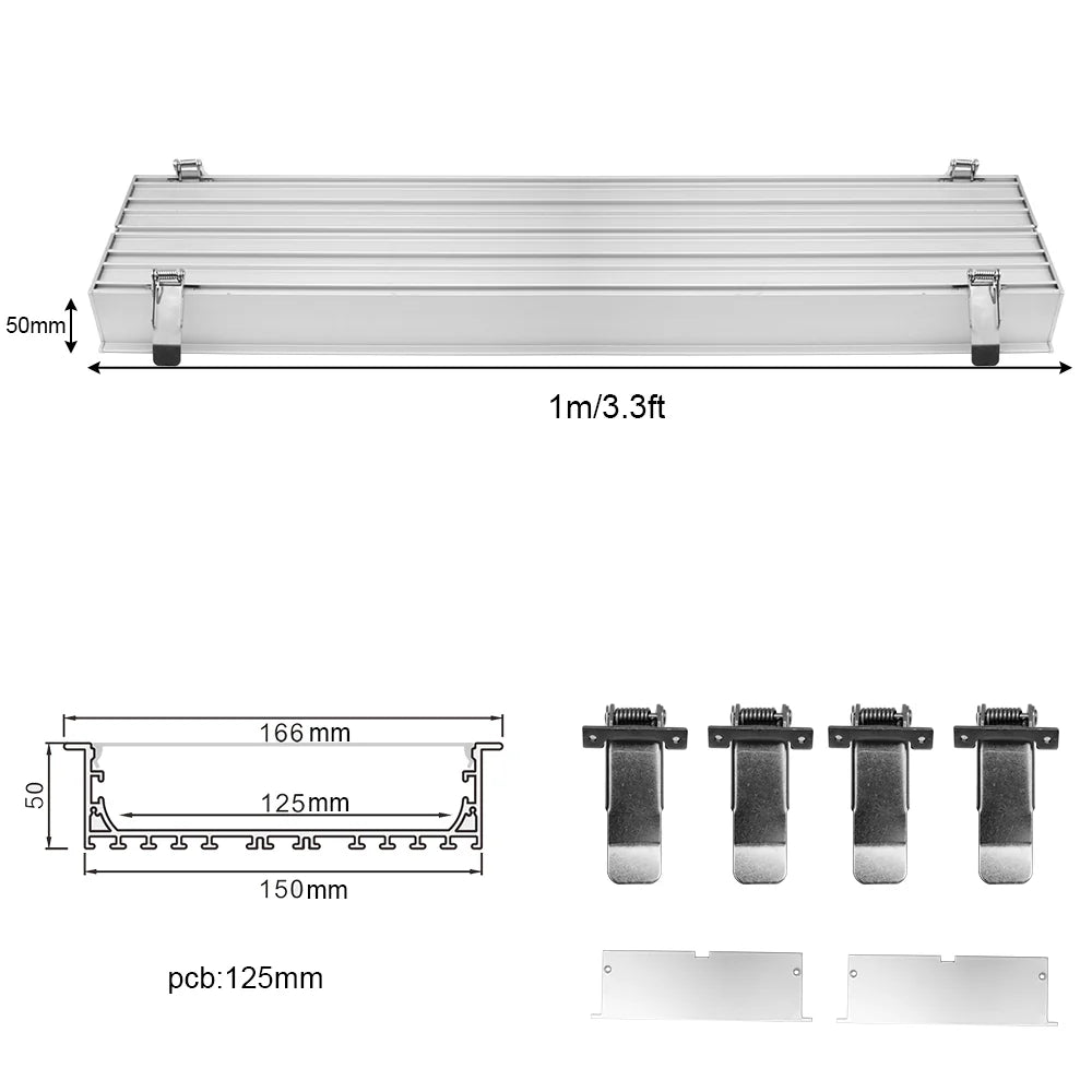 Wide Recessed LED Aluminum Profiles Kit H15050B – 125mm Inner Width | Silver | Milky White Cover | With Installation Accessories | Linear Flush-Mount Office Lighting – 1m / 2m | 10 / 20-Pack