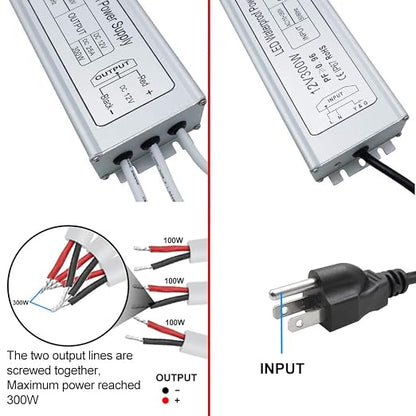 300W Outdoor Waterproof Power Supplies, 12V Output, 90-265V Input, Triple Output, Aluminum Housing, Outdoor Lighting Projects, CE/RoHS/FCC Certified, US/UK/EU Plug, 1-Pack / 10-Pack
