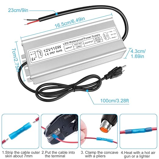 110W Outdoor Waterproof Power Supplies, 12V Output, 90-265V Input, Single Output, Aluminum Housing, Outdoor Lighting Projects, CE/RoHS/FCC Certified, US/UK/EU Plug, 1-Pack / 10-Pack
