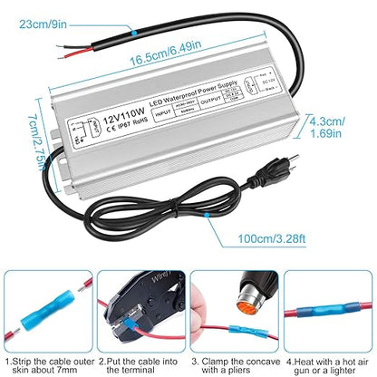 110W Outdoor Waterproof Power Supplies, 12V Output, 90-265V Input, Single Output, Aluminum Housing, Outdoor Lighting Projects, CE/RoHS/FCC Certified, US/UK/EU Plug, 1-Pack / 10-Pack