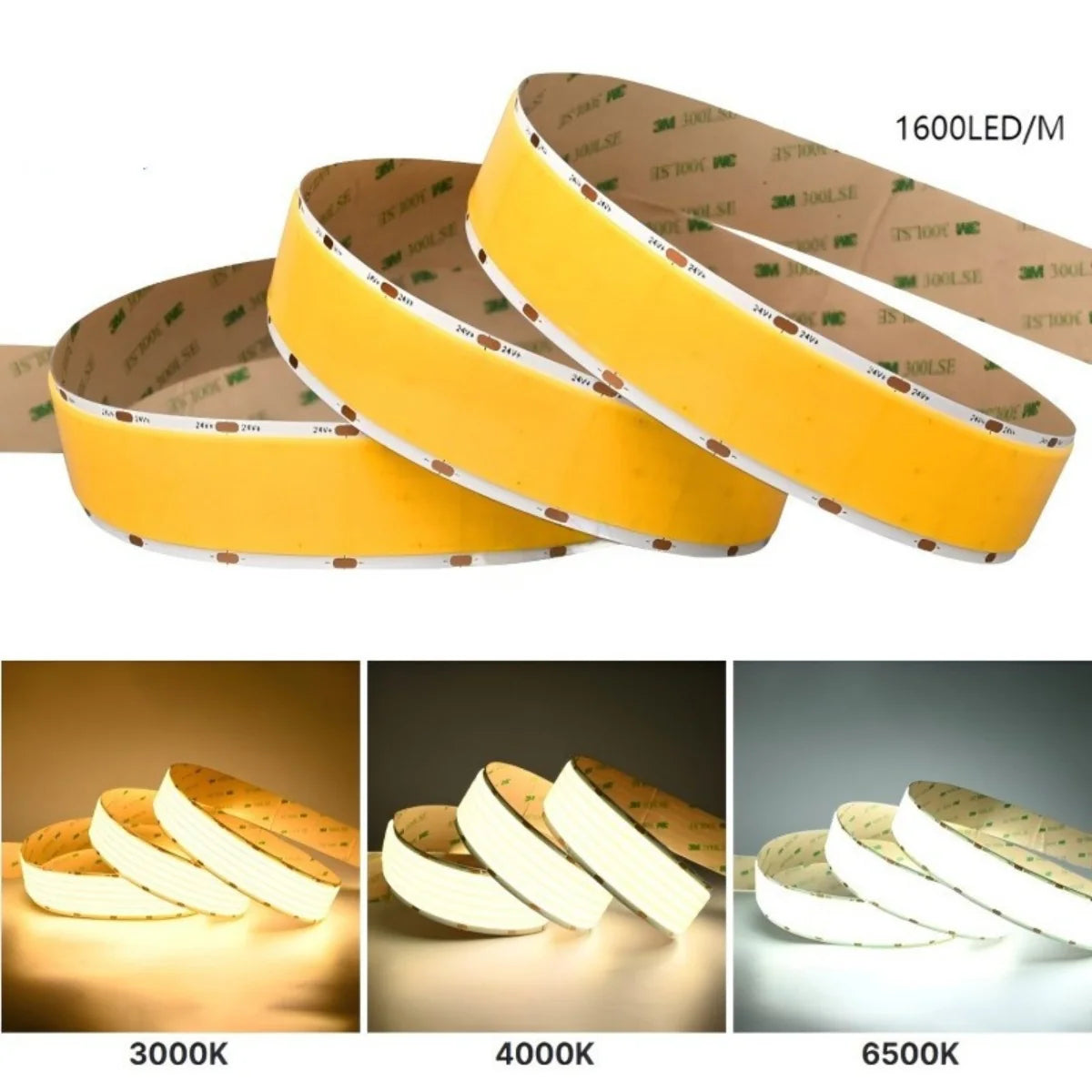 FCOB Ultra High-Density LED Strip Light | 5m (16.4ft) Roll | CRI90 | 3000K / 4000K / 6000K | 1600 LEDs/m | 40W | 24V DC | 30mm Wide | Dimmable Indoor IP00 Ribbon Lighting
