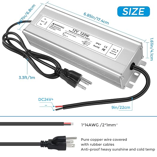 120W Outdoor Waterproof Power Supplies, 12V/24V/36V/48V Output, 90-265V / 90-140V / 175-265V Input, Single Output, Aluminum Housing, Outdoor Lighting Projects, CE/RoHS/FCC Certified, US/UK/EU Plug, 1-Pack / 10-Pack