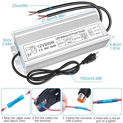 500W Outdoor Waterproof Power Supplies, 12V/24V Output, 90-140V / 175-265V Input, Dual Output, Aluminum Housing, Outdoor Lighting Projects, CE/RoHS/FCC Certified, US/UK/EU Plug, 1-Pack / 10-Pack