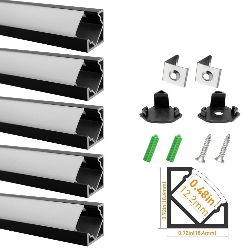 V Shape LED Channel - V03-A 12mm Silver / Black Aluminum Profile | Milky White Cover | Standard LED Mounting Channel – 1m / 2m / 3m | 50 / 100-Pack