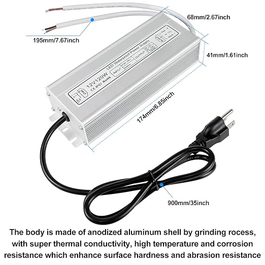120W Outdoor Waterproof Power Supplies, 12V/24V Output, 90-265V Input, Dual Output, Aluminum Housing, Outdoor Lighting Projects, CE/RoHS/FCC Certified, US/UK/EU Plug, 1-Pack / 10-Pack