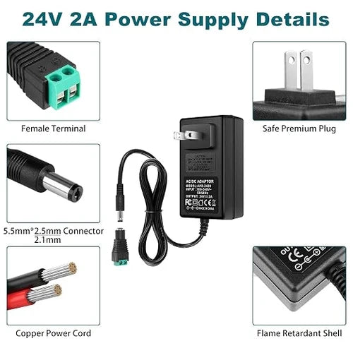 DC 24V Wall Plug LED Adapter 48W/72W, AC 100–240V Input Switching Wall Plug LED Adapter with UK Plug, Black Housing - for LED Strip Lights and Electronics